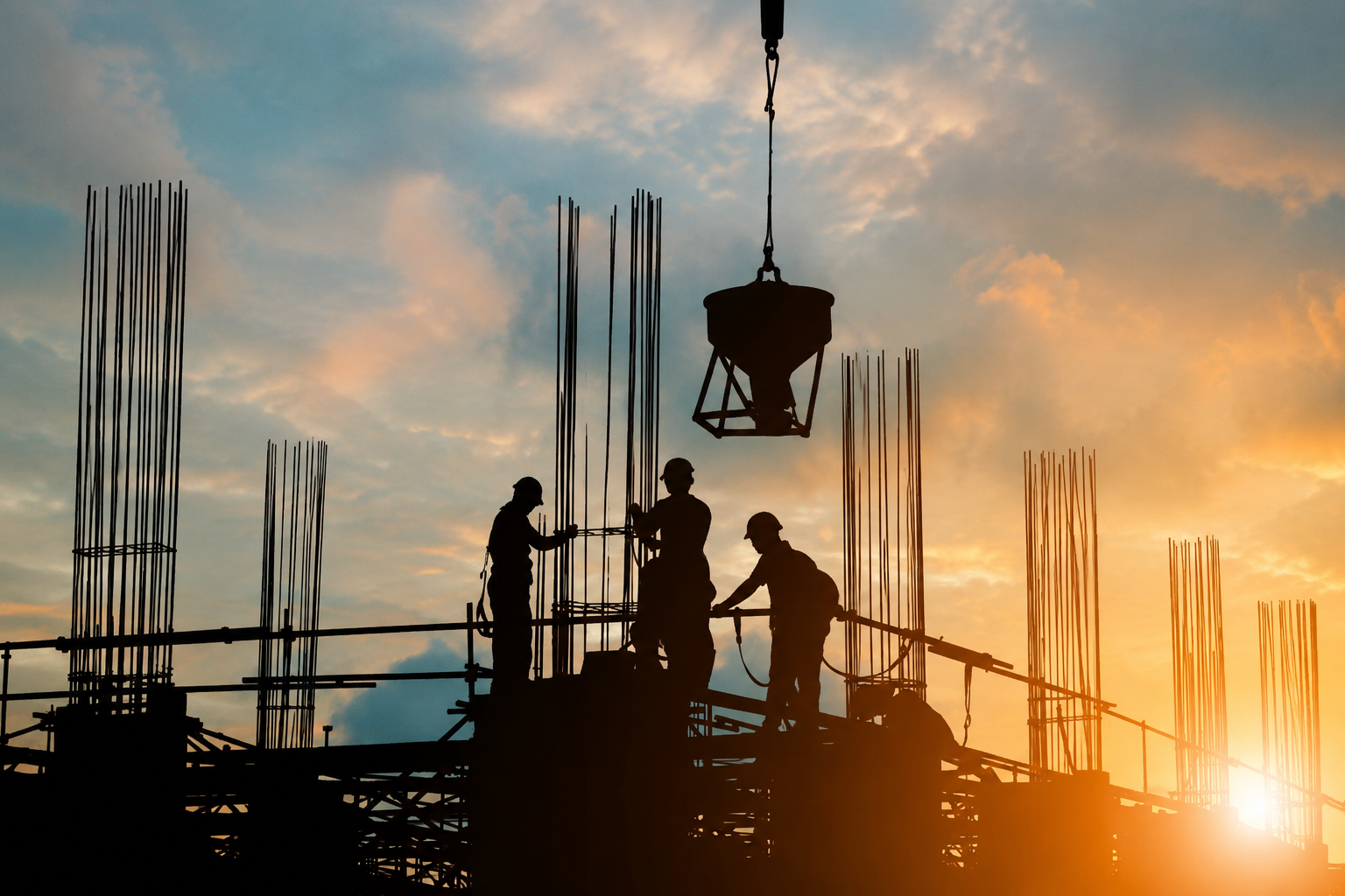 Construction crew on scaffolding silhouetted against sunset