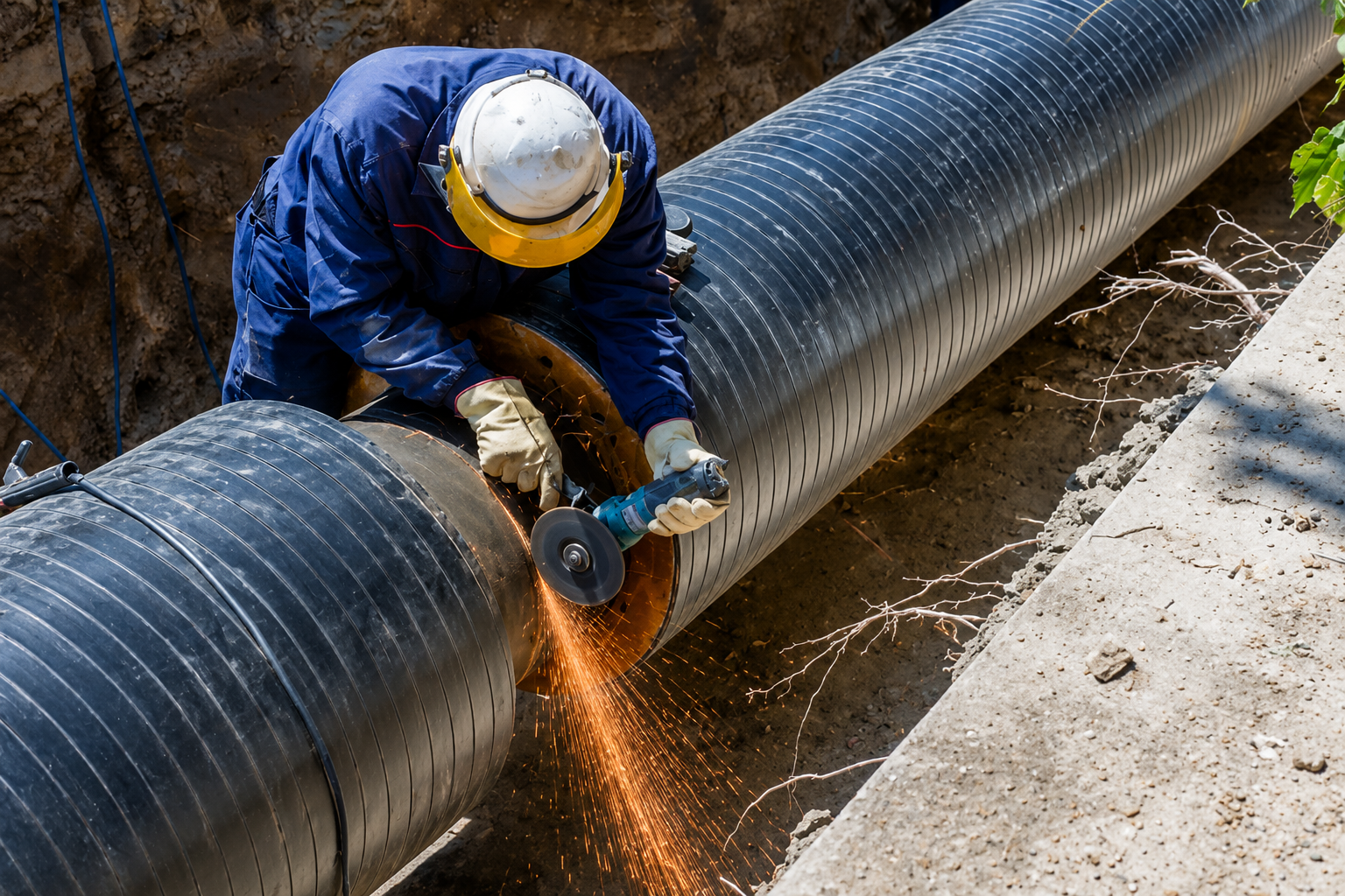 Welder inspecting large-diameter pipeline in trench