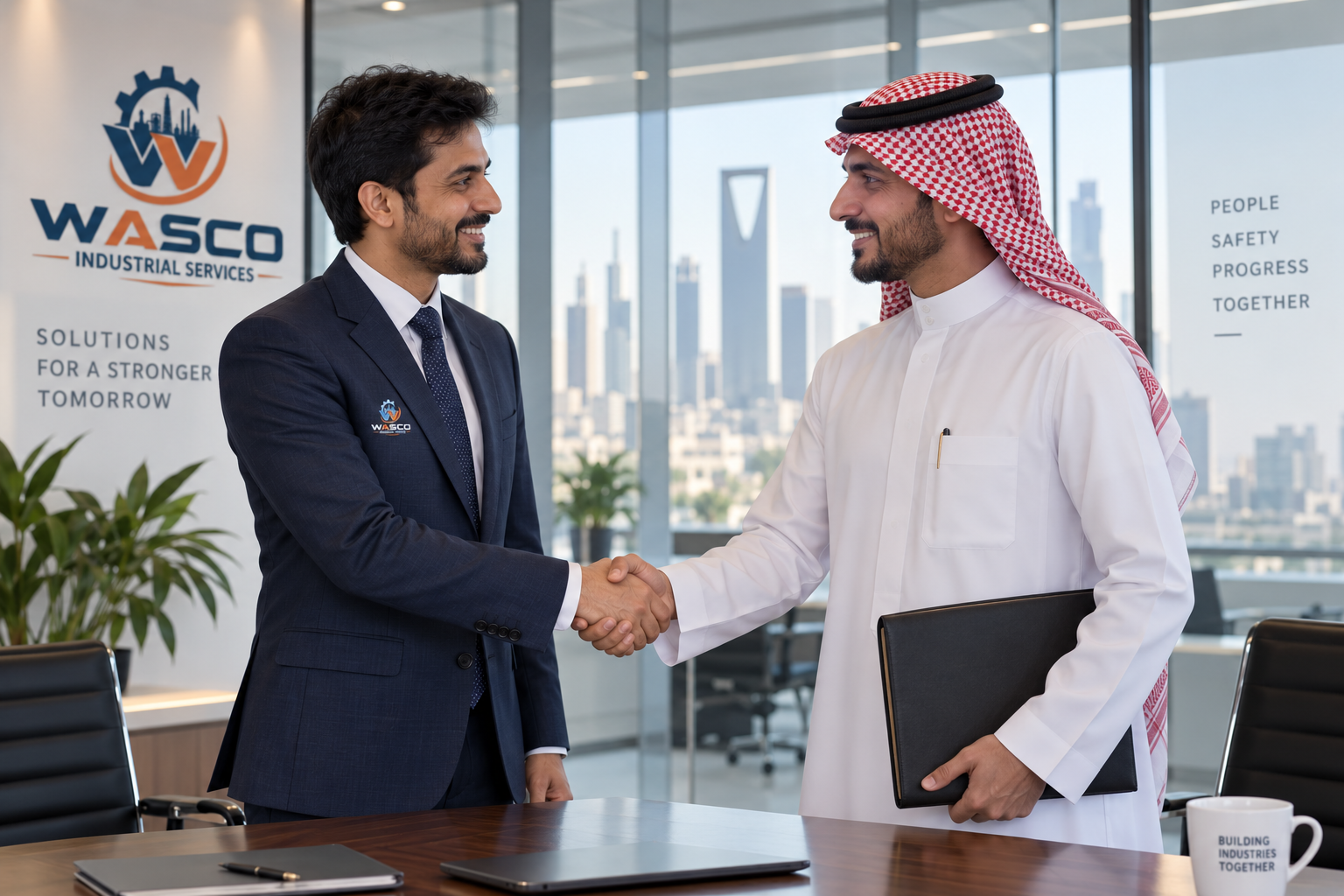 WASCO executive shaking hands with a partner in front of an industrial refinery